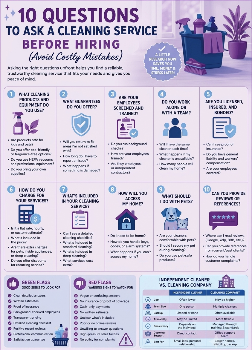 Infographic summarizing the most important questions to ask a cleaning service before booking, including insurance, pricing, services, experience, and guarantees.