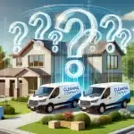 Roochii Cleaning vans arriving at a home with question marks above, representing questions to ask a cleaning service before hiring.