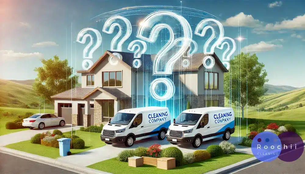 Roochii Cleaning vans arriving at a home with question marks above, representing questions to ask a cleaning service before hiring.