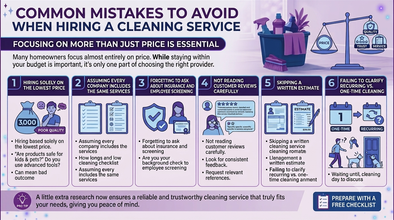 Infographic highlighting common mistakes to avoid when hiring a cleaning service, including skipping research, overlooking insurance, and choosing based on price alone.