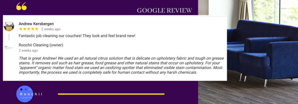 Andrew Kersbergen’s 5-star review of Roochii Cleaning’s expert stain removal for milk and grease on upholstery.