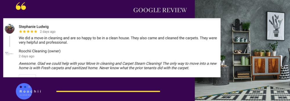 Stephanie Ludwig’s 5-star review of Roochii Cleaning’s expert high-traffic carpet cleaning service.