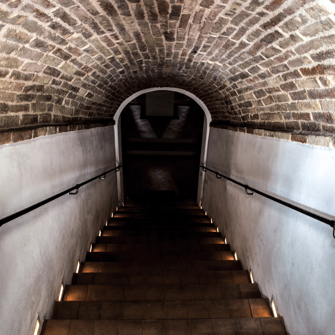 How to clean a basement with stone walls and arched ceiling, showing a dimly lit stairway leading down into a cellar space.