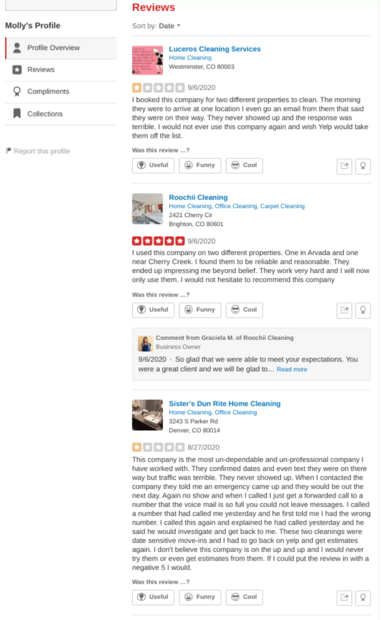 Molly leaving a yelp review for her standard cleaning service