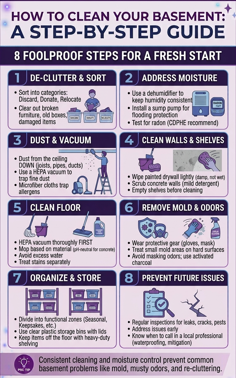 Infographic showing how to clean a basement step by step, from decluttering and dust removal to mopping floors and checking for moisture or mold.