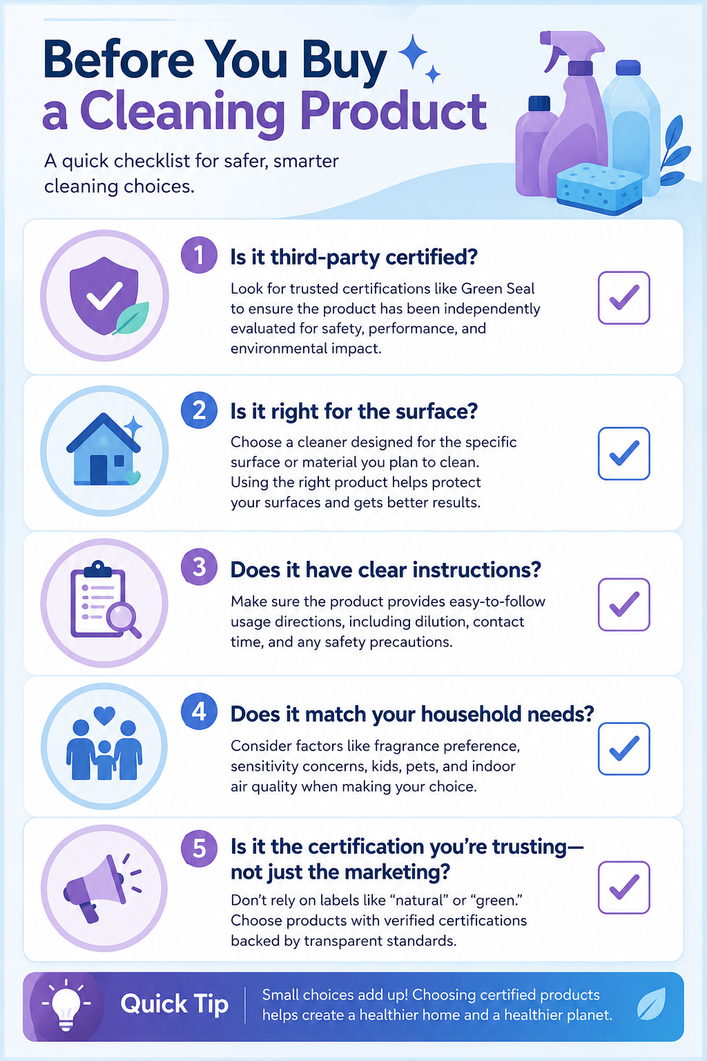 Infographic checklist showing what to look for when buying Green Seal certified cleaning products, including certification, surface compatibility, product instructions, household needs, and trusted third-party labels.