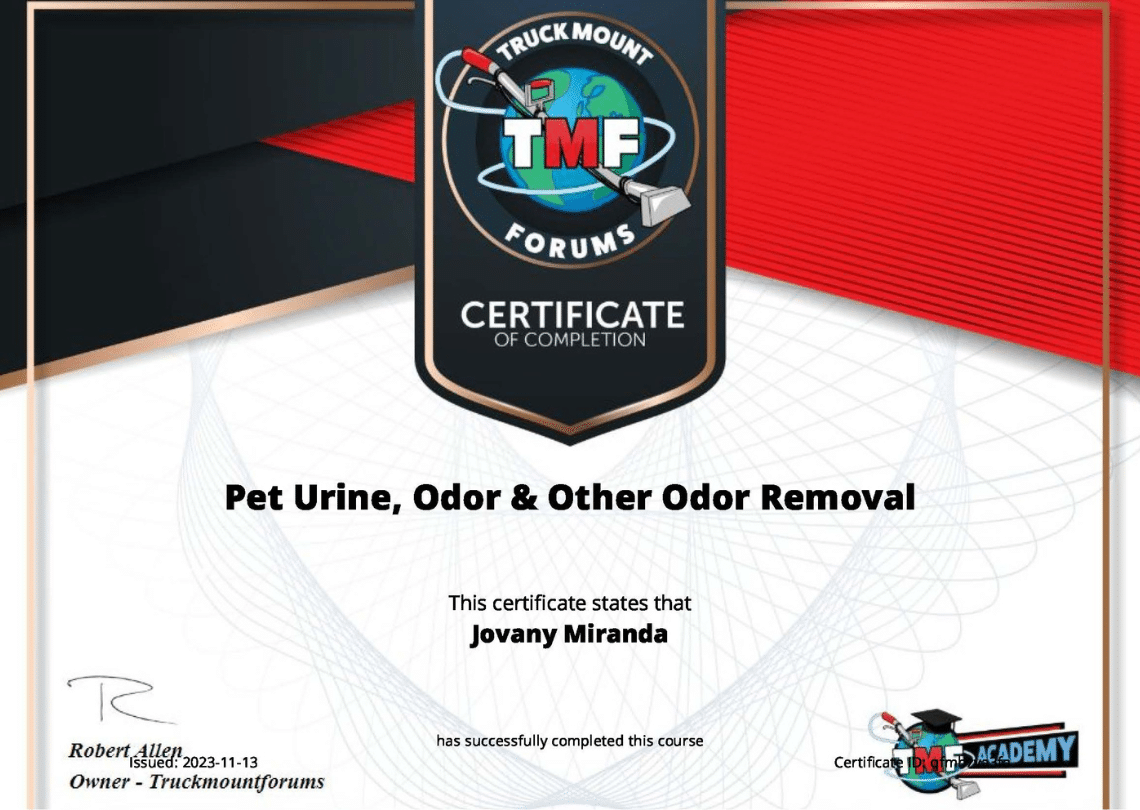 Roochii Cleaning's Pet Stain and Urine Cleaning Certification