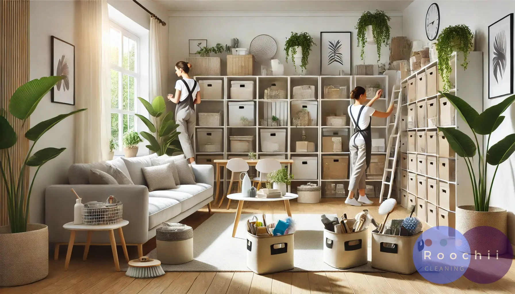 Cleaners using quick decluttering hacks to organize a modern home with storage bins and a tidy living room.