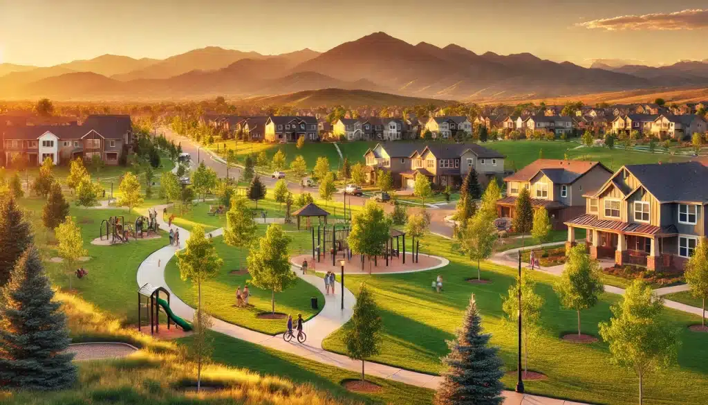 A scenic view, showcasing "cleaning services in Thornton" Colorado, with vibrant cityscape with clean and welcoming streets, captured by Roochii Cleaning