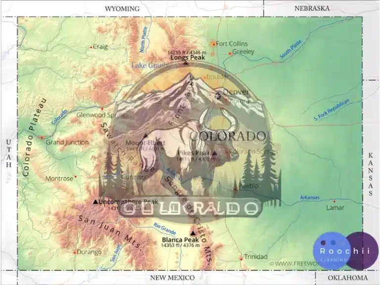 Map of Colorado highlighting key cities and landmarks, including Denver, Colorado Springs, and Rocky Mountain National Park, showcasing locations serviced by Roochii Cleaning for move-out cleaning needs