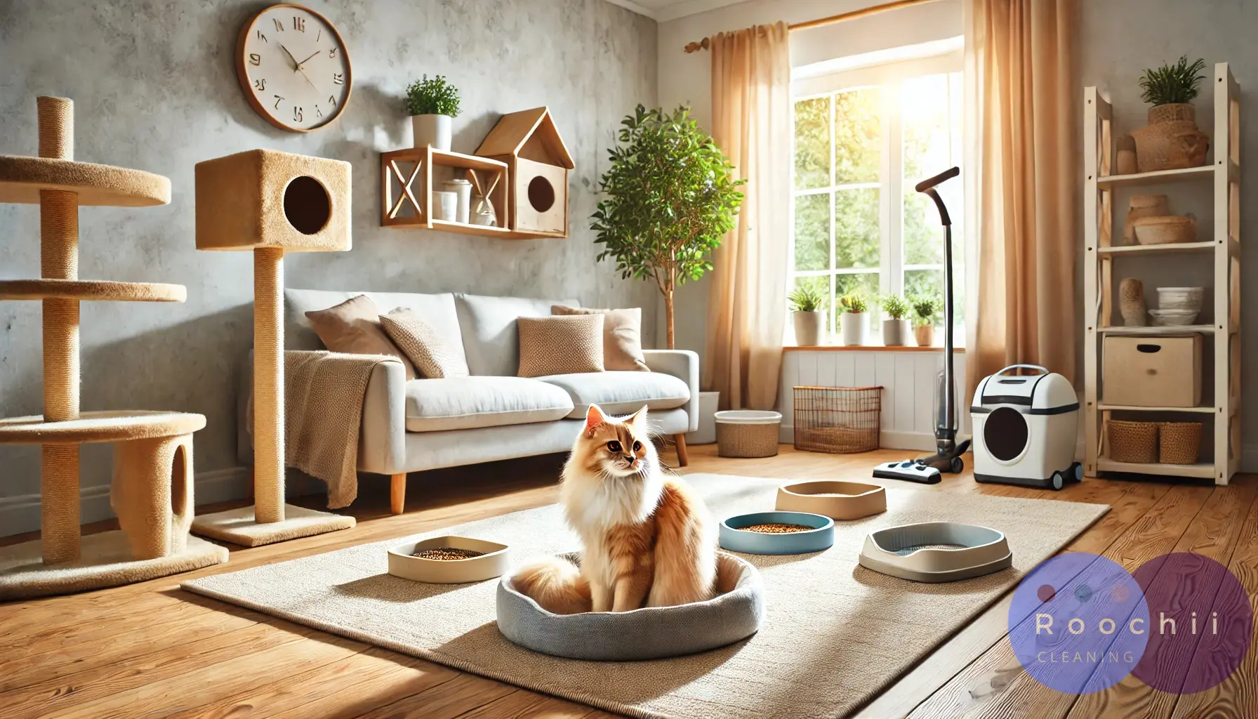 A tidy, sunlit living room with a fluffy cat sitting in a soft bed, surrounded by neatly arranged cat bowls, scratching posts, and a vacuum cleaner, showcasing a clean home with pets.