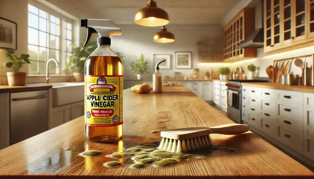 Bottle of apple cider vinegar on a table – does apple cider vinegar kill mold?