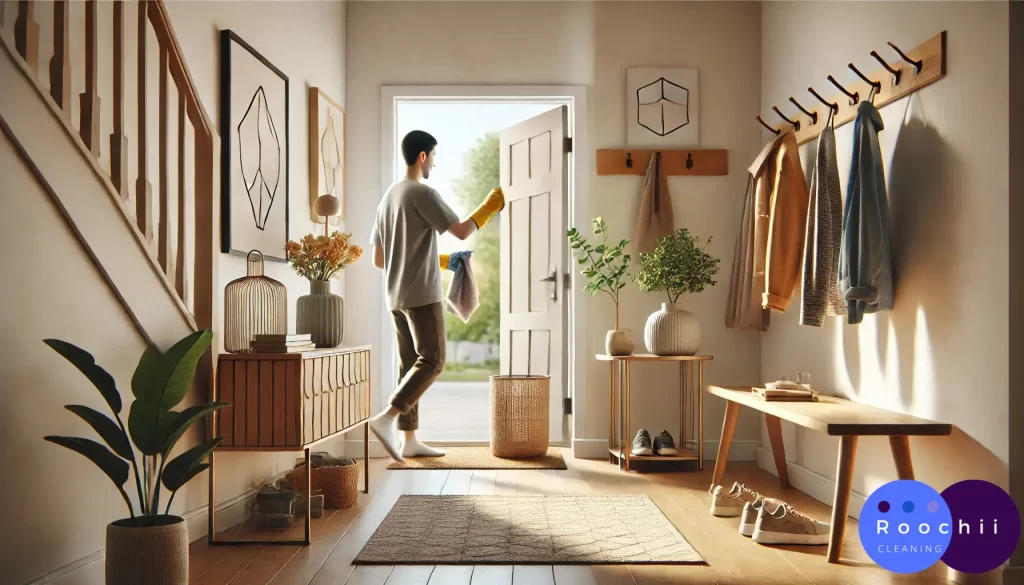 A person wearing yellow gloves cleans a bright, organized entryway, holding a dusting cloth while opening the door.