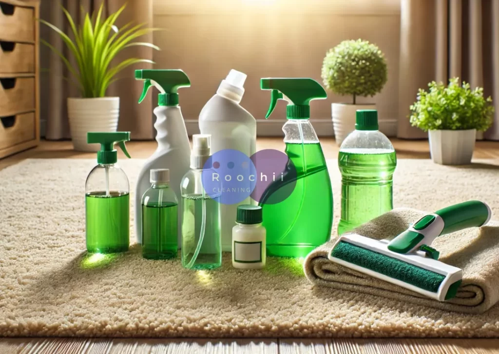 green carpet cleaning chemicals sitting on carpet in a beautiful home.
