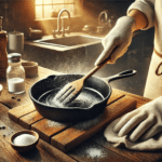 Woman cleaning a cast iron pan – how to get rid of cast iron black residue.