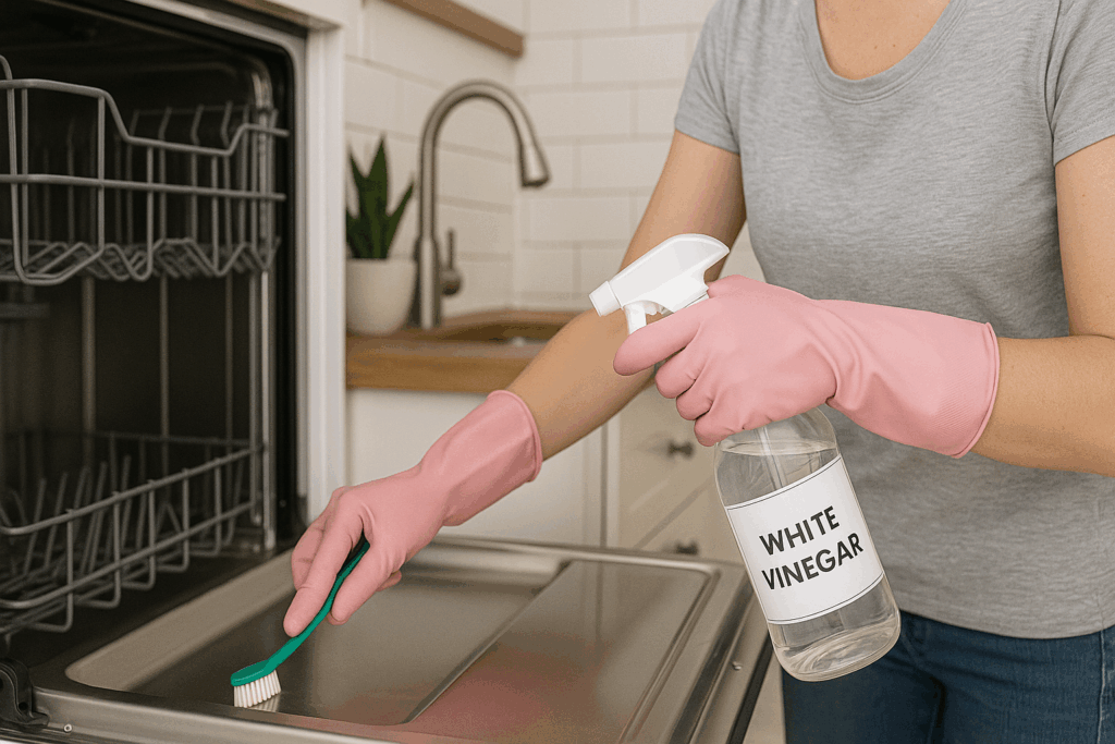 Person wearing pink gloves scrubbing a dishwasher door with a brush while holding a spray bottle labeled white vinegar—demonstrating how to clean dishwasher naturally.