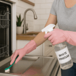 Person wearing pink gloves scrubbing a dishwasher door with a brush while holding a spray bottle labeled white vinegar—demonstrating how to clean dishwasher naturally.