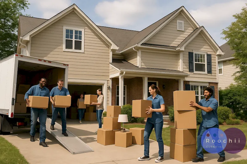 Movers unloading boxes from a truck in front of a house – moving out of state tips example