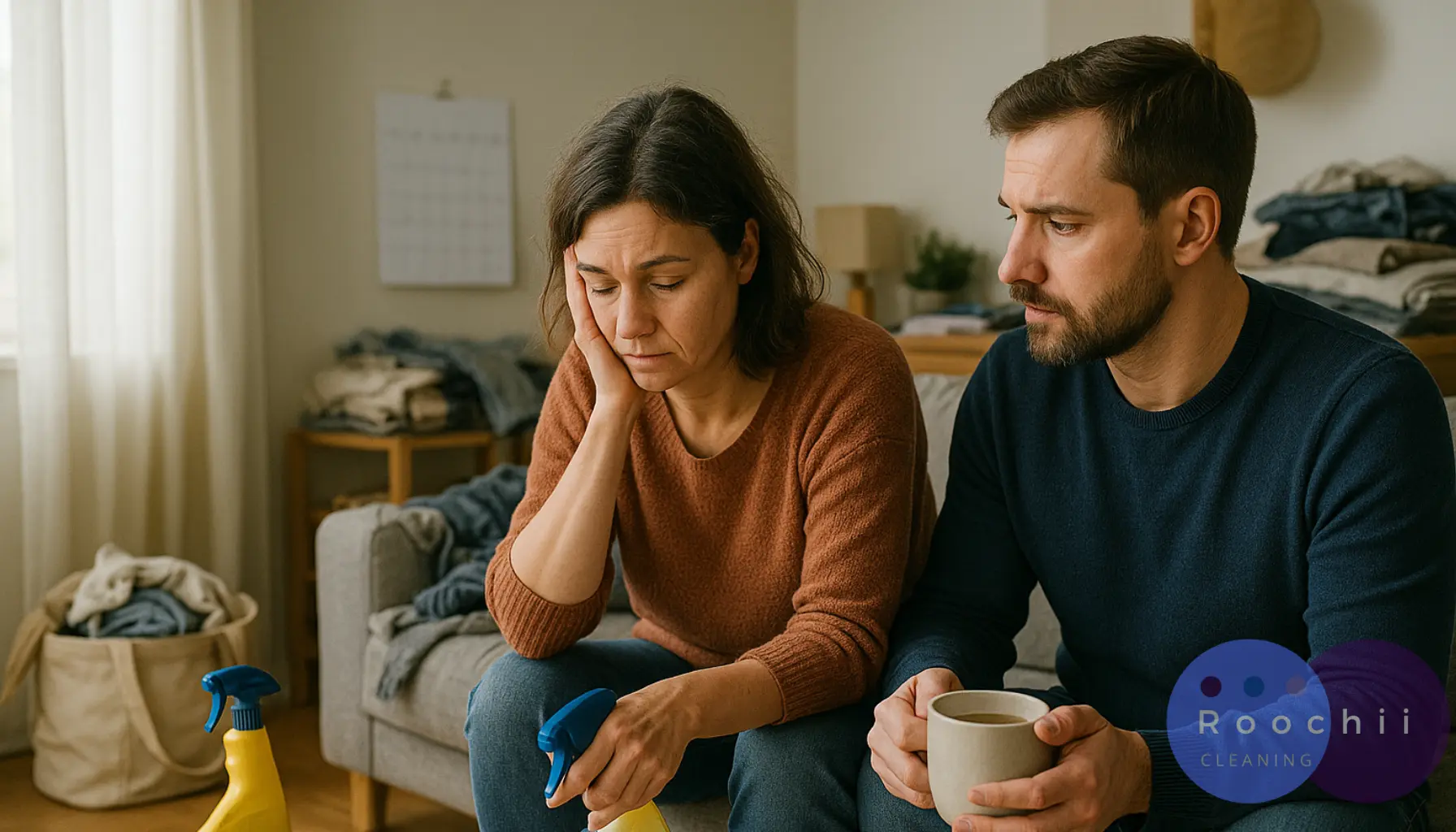 A woman looking overwhelmed with cleaning supplies in hand, sitting beside a concerned partner in a cluttered room — a visual representation of "I can't clean my house depression."