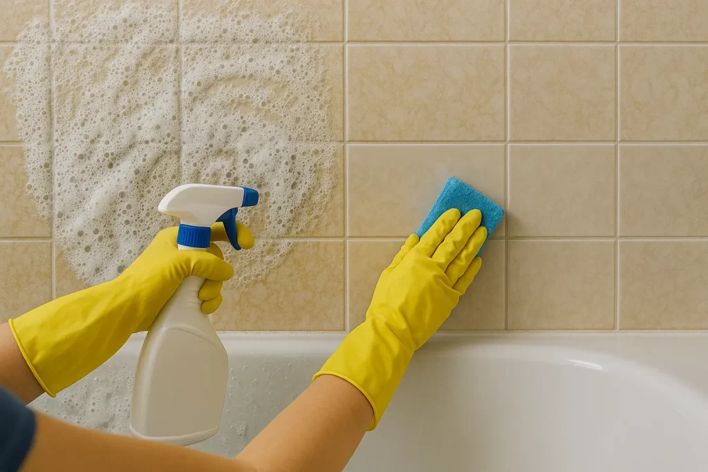 Person wearing yellow gloves scrubbing a tiled wall above a bathtub with a sponge and spray cleaner, showing how to remove soap scum from tile.