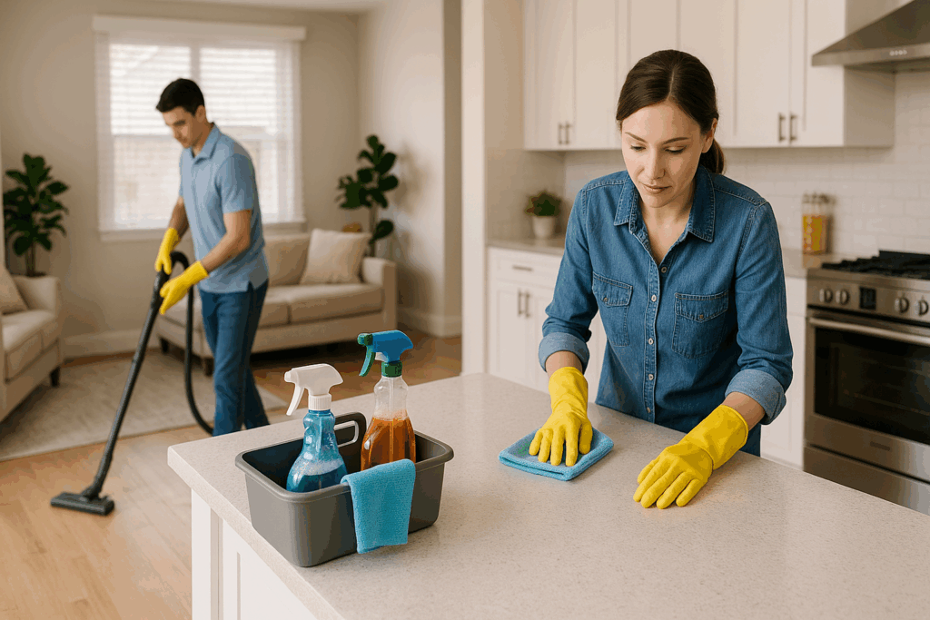 Couple cleaning home together with vacuuming and countertop wiping as part of clean house routine