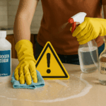 Person cleaning kitchen counter with hydrogen peroxide and vinegar, using gloves and caution sign