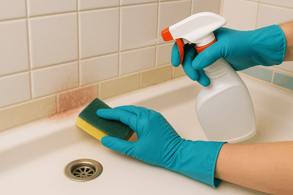 Person spraying and scrubbing pink mold in shower with gloves and sponge, showing how to clean pink mold in shower