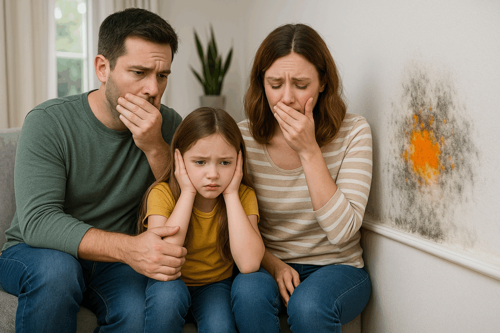 Worried family reacting to orange mold on wall, illustrating orange mold health risks in the home