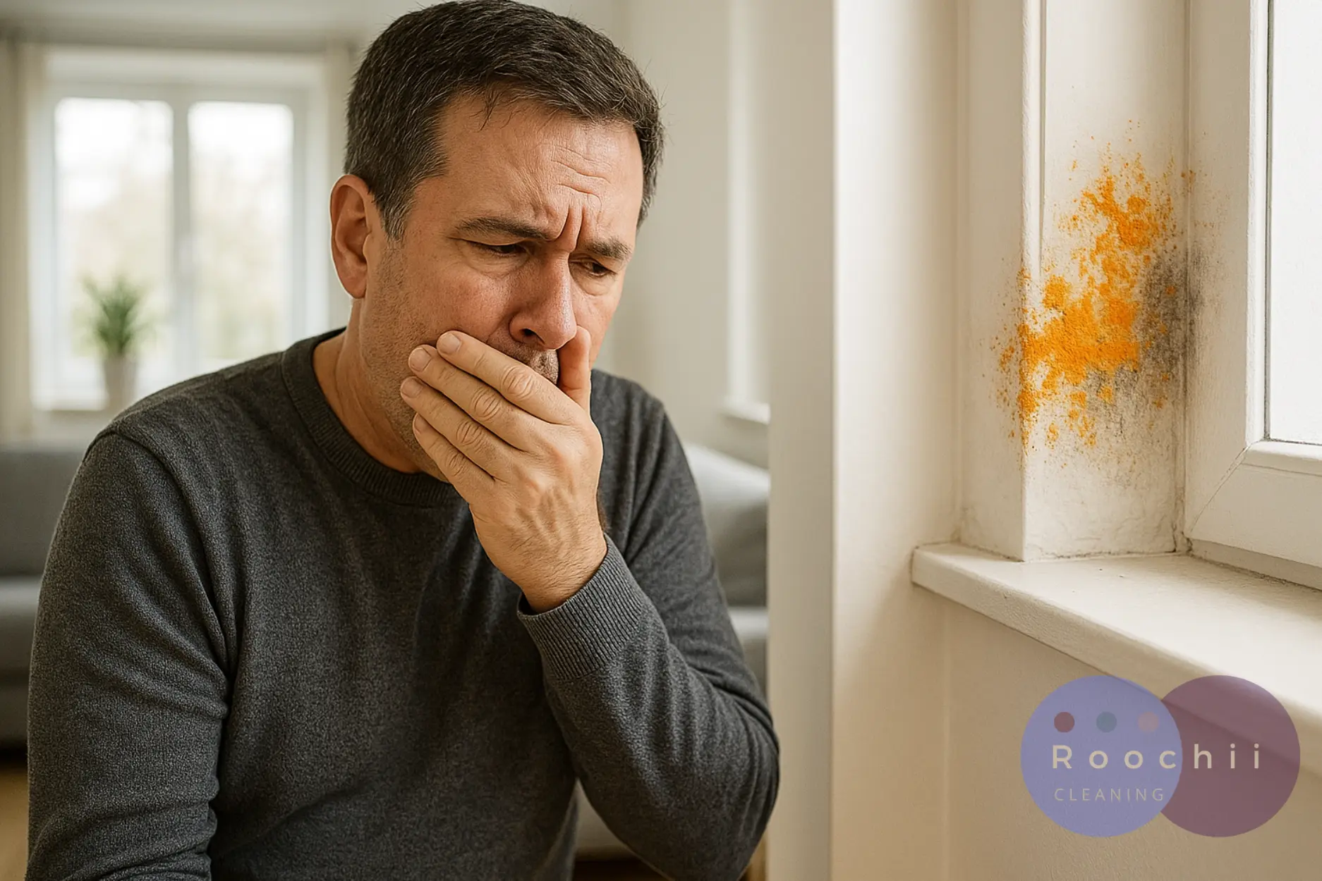 Top 7 Orange Mold Health Risks That May Be Hiding in Your Home 1 Man covering mouth near orange mold on wall, representing orange mold health risks in indoor environments