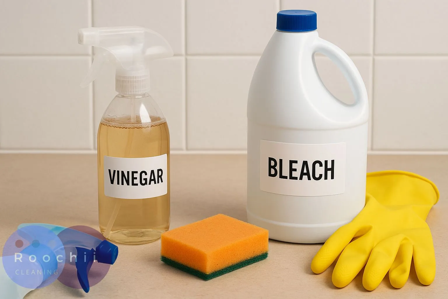 Bottles of vinegar and bleach with cleaning supplies on a kitchen counter, illustrating the choice between bleach or vinegar for mold removal.