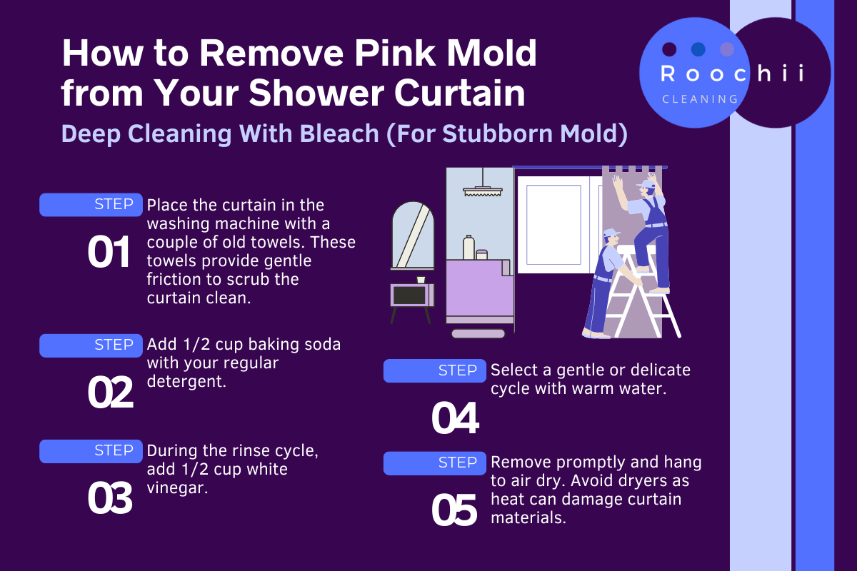 Pink Mold on Shower Curtain: Removal & Prevention Tips 4 Infographic showing how to remove pink mold on shower curtain using deep cleaning with bleach for stubborn mold stains.