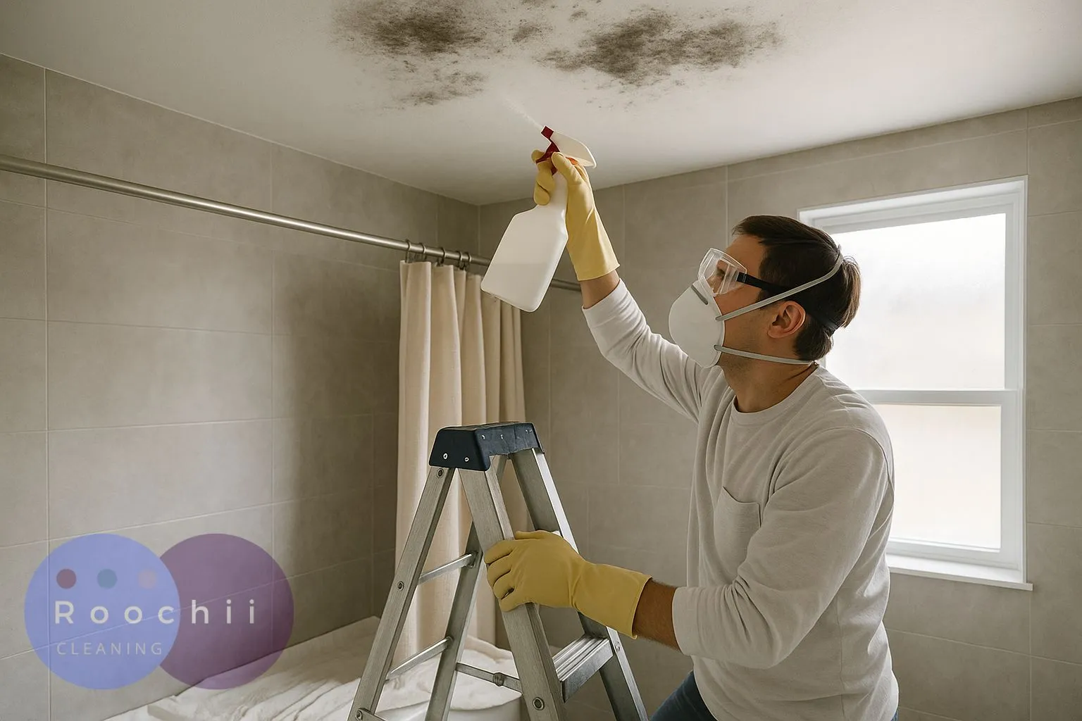 Person using protective gear and spray bottle to demonstrate how to remove mold from ceiling safely in a bathroom
