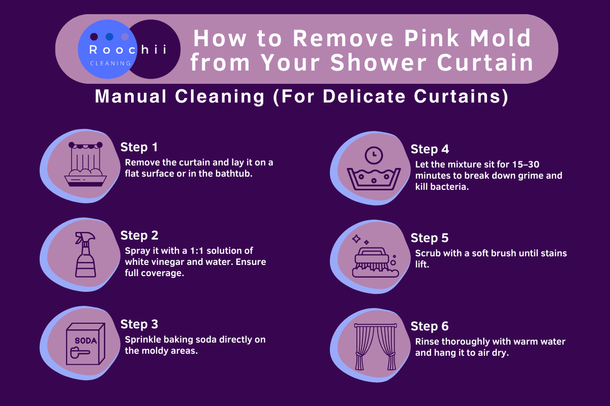 Pink Mold on Shower Curtain: Removal & Prevention Tips 2 Infographic showing how to remove pink mold on shower curtain using vinegar, baking soda, and a soft brush for delicate curtains.