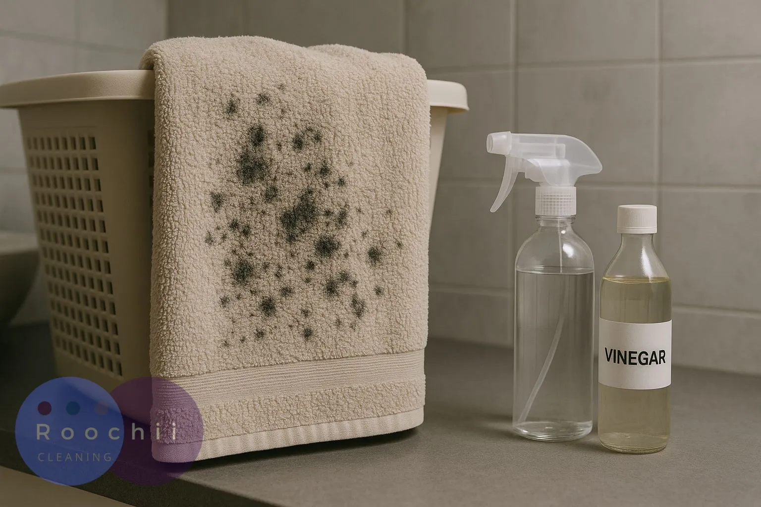 How to Remove Mold on Towels Easily 1 Mold on towels being treated with vinegar and water spray bottles on a bathroom counter.