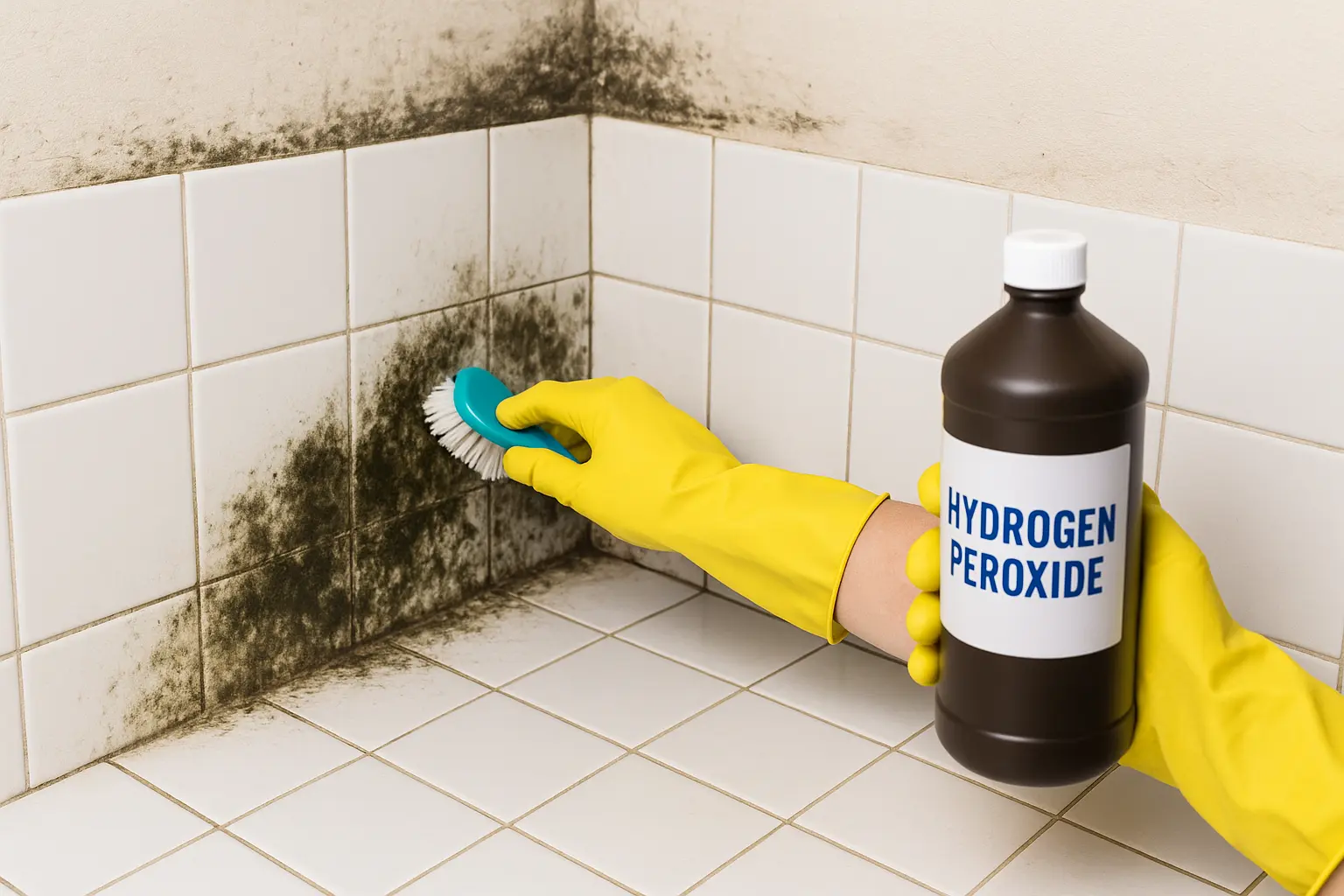 Cleaning black mold from bathroom tiles using hydrogen peroxide — showing how it answers the question, does hydrogen peroxide kill mold effectively.