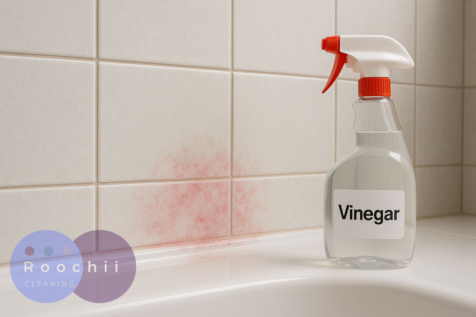 Does vinegar kill pink mold on bathroom tiles? A spray bottle filled with vinegar stands next to pink mold growth, ready for natural cleaning.