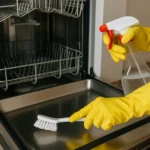 Person wearing yellow gloves scrubbing and spraying cleaner to remove pink mold in dishwasher