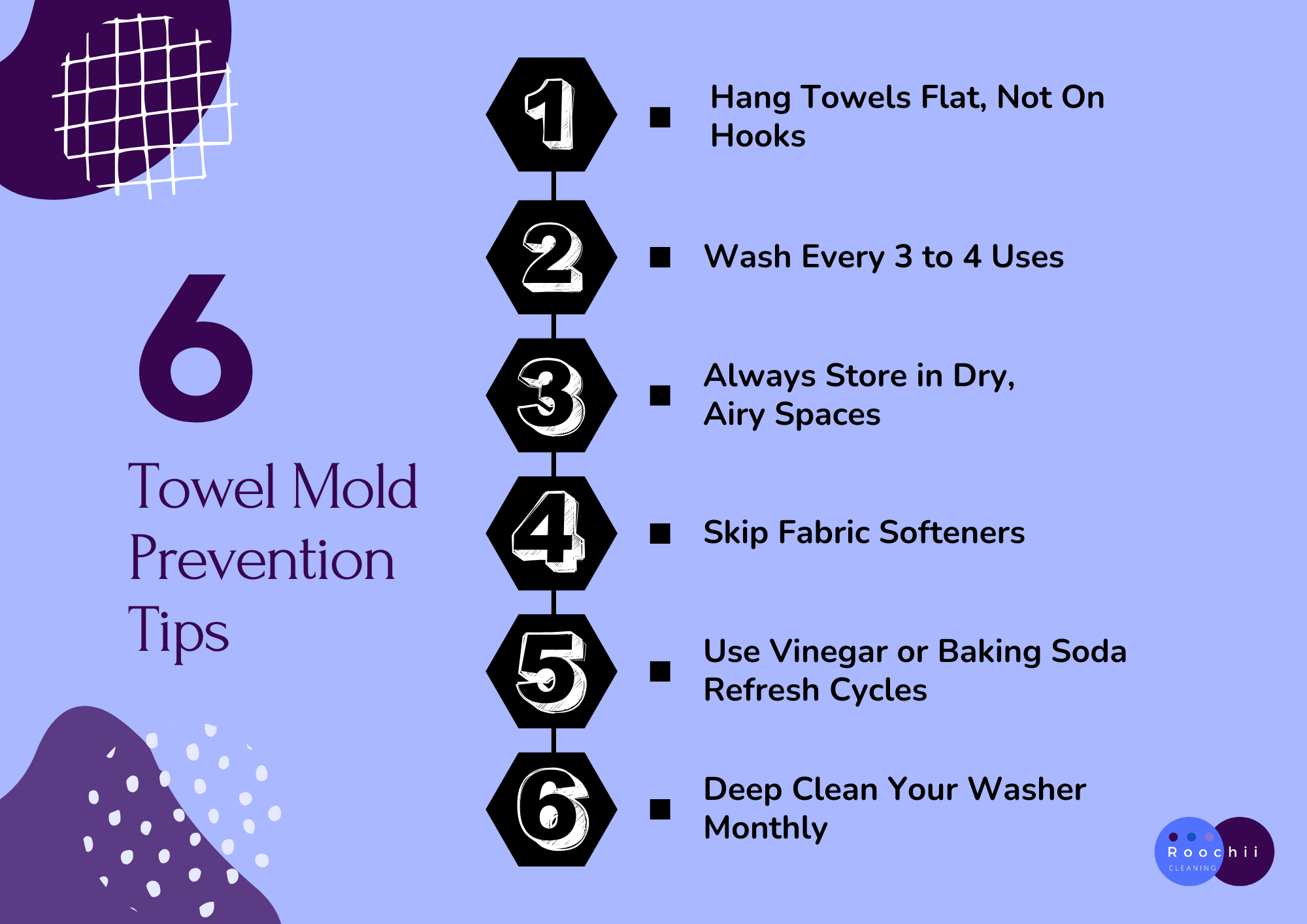 How to Remove Mold on Towels Easily 3 Infographic listing six prevention tips to stop mold on towels.