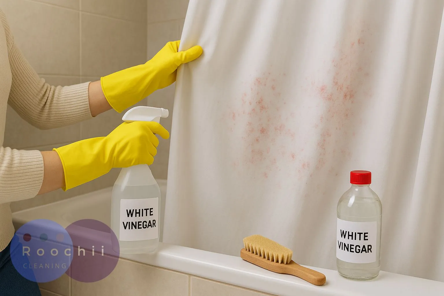 Pink Mold on Shower Curtain: Removal & Prevention Tips 1 Person cleaning pink mold on shower curtain using white vinegar spray and brush in bathroom.