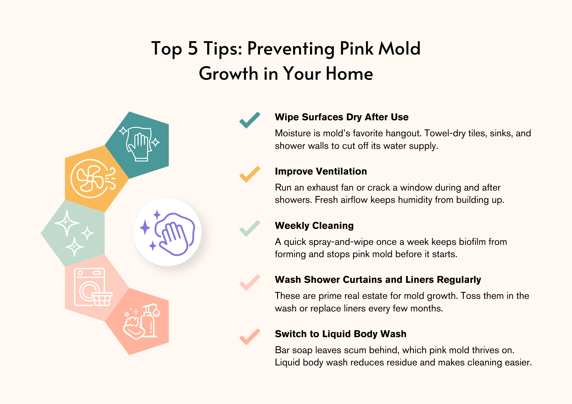 Does vinegar kill pink mold? Infographic showing five prevention tips such as drying surfaces, improving ventilation, and cleaning regularly to stop pink mold growth.