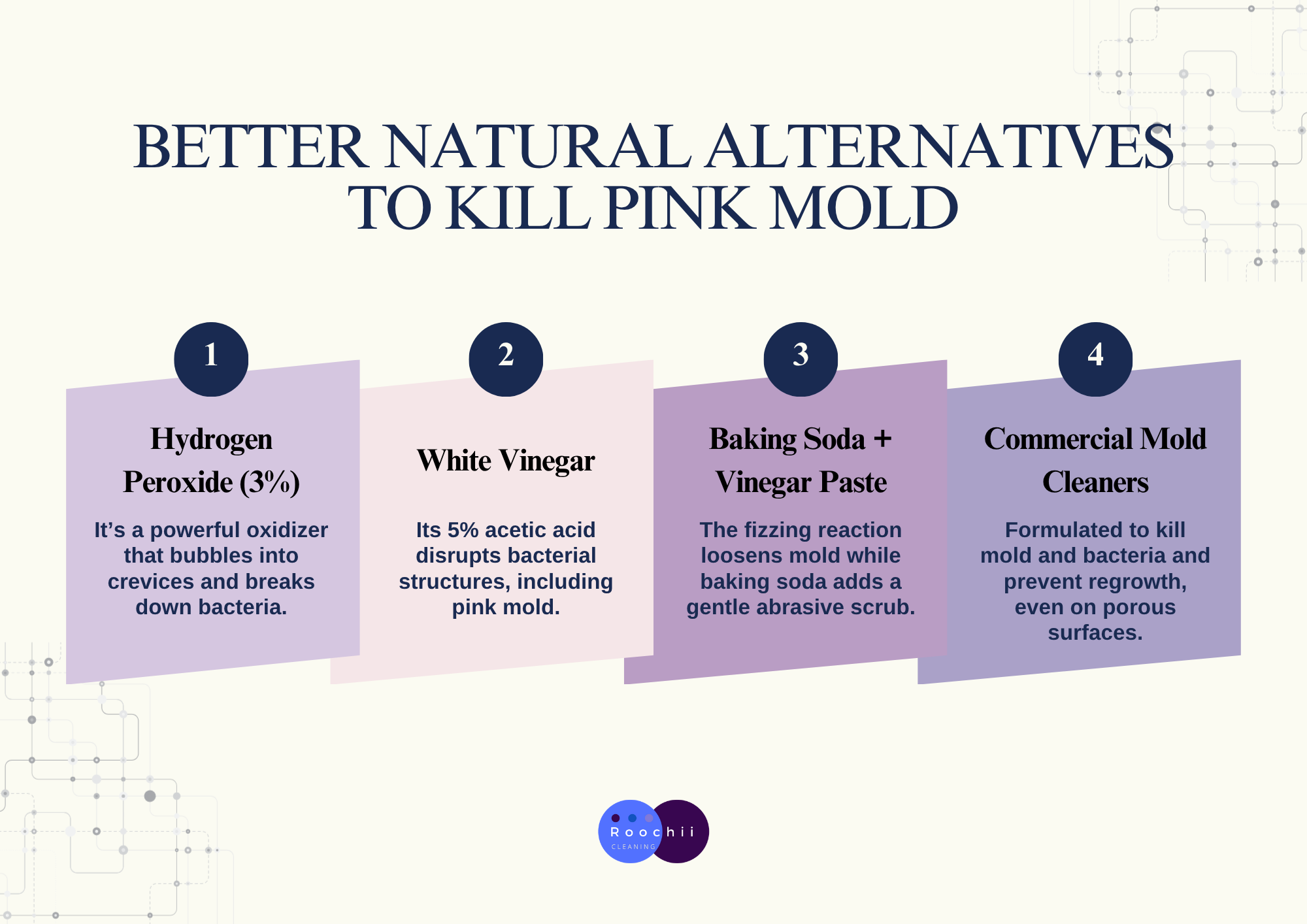 Does Bleach Kill Pink Mold Effectively? 3 Infographic listing natural and commercial alternatives to bleach for killing pink mold.