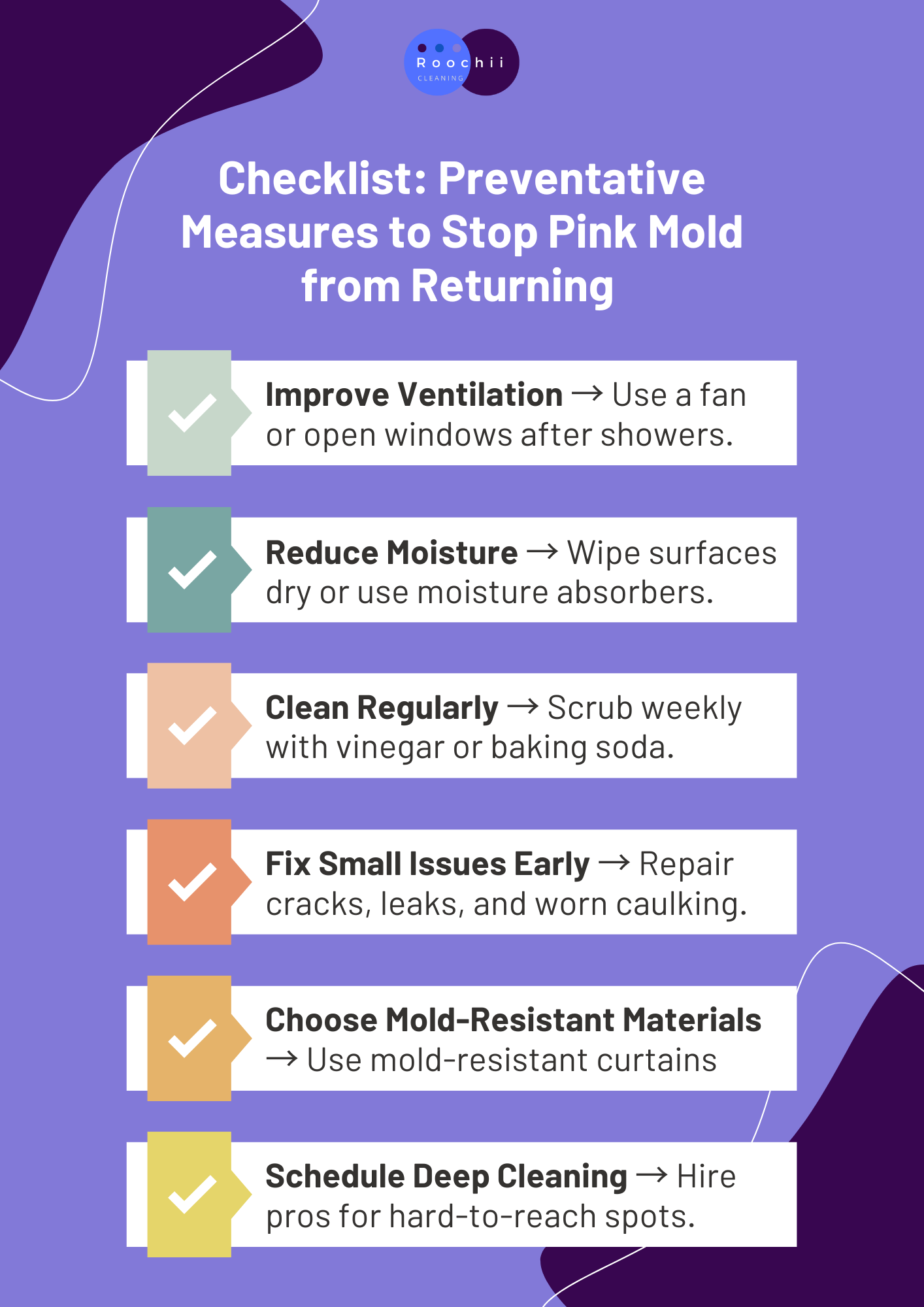 What is Pink Mold and How to Get Rid of It For Good 5 Infographic checklist showing preventative measures to stop pink mold from returning — explaining what is pink mold and how to prevent it with cleaning and ventilation tips.