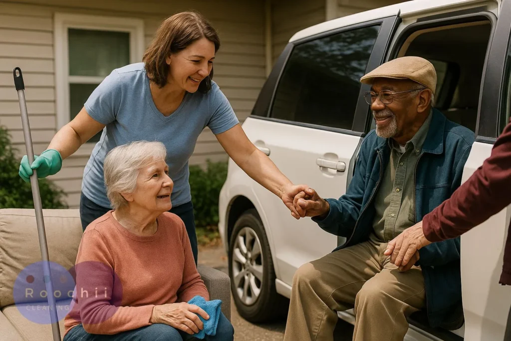 Volunteer assisting elderly man out of a car while another senior receives house cleaning support, representing free services for senior citizens.