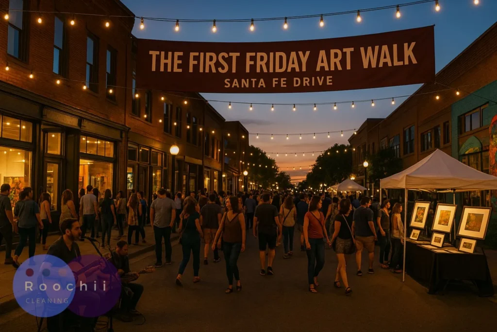 Crowd enjoying the First Friday Art Walk 2026 on Santa Fe Drive at sunset, with string lights above, art booths, and live music performers.