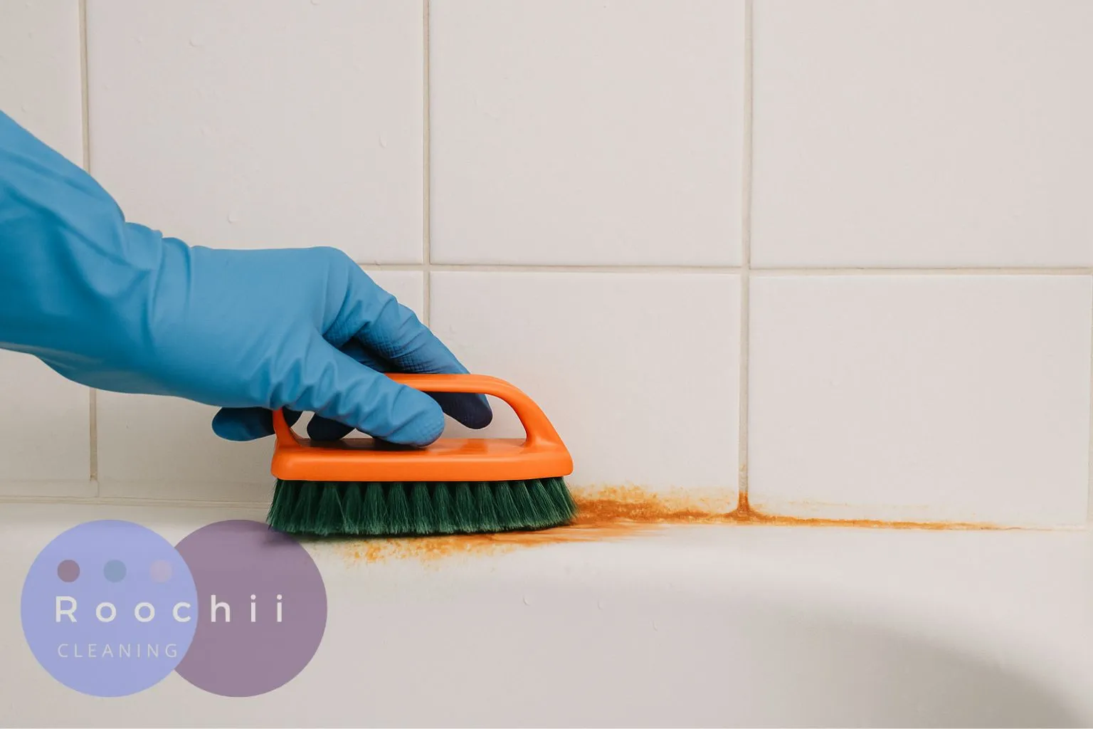 How to Clean Orange Mold Fast: A Step-by-Step Guide 1 Gloved hand scrubbing orange mold from bathtub tiles with cleaning brush