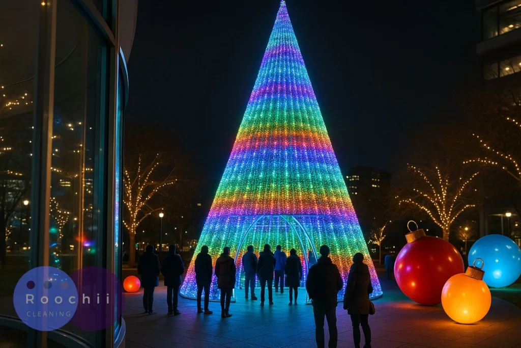 Visitors admiring the dazzling rainbow lights of the mile high tree light show 2025 in an urban plaza at night, surrounded by giant glowing ornaments and festive trees.