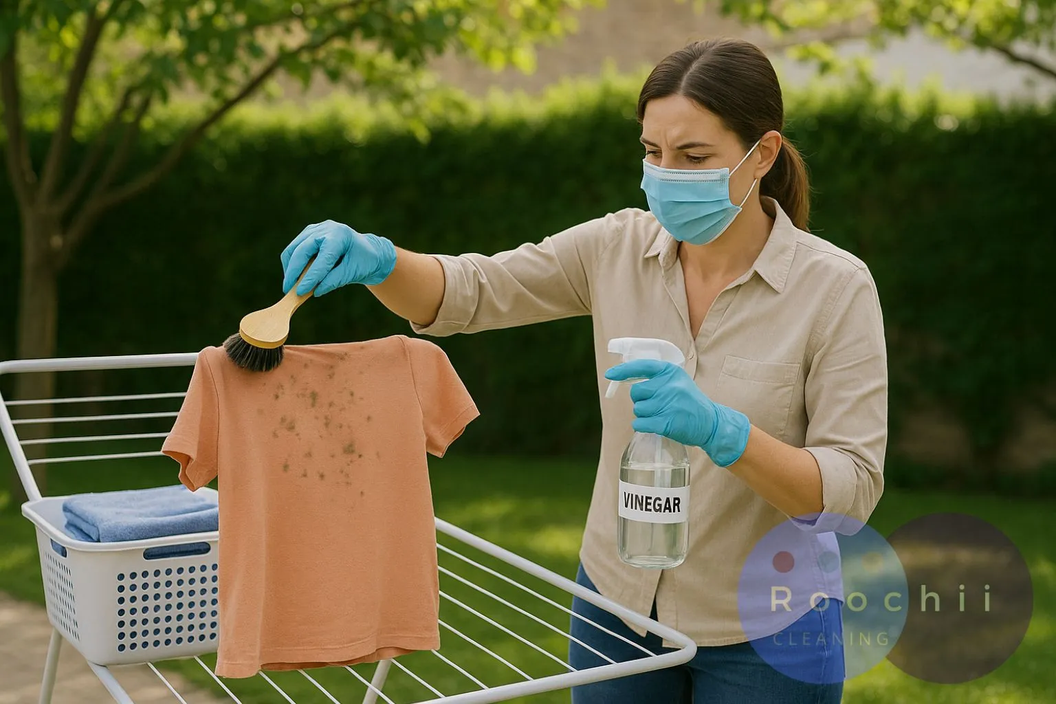 Woman cleaning mold on fabric shirt using vinegar spray and brush outdoors.