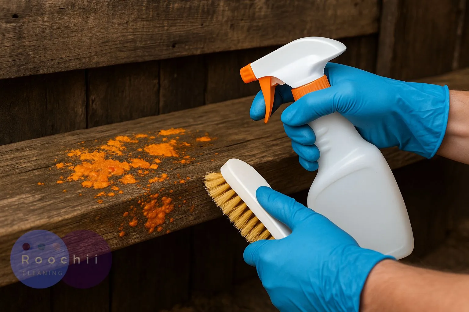 Orange Fungus on Wood: Removal & Prevention Guide 1 Person cleaning orange fungus on wood with brush and spray bottle while wearing blue gloves.