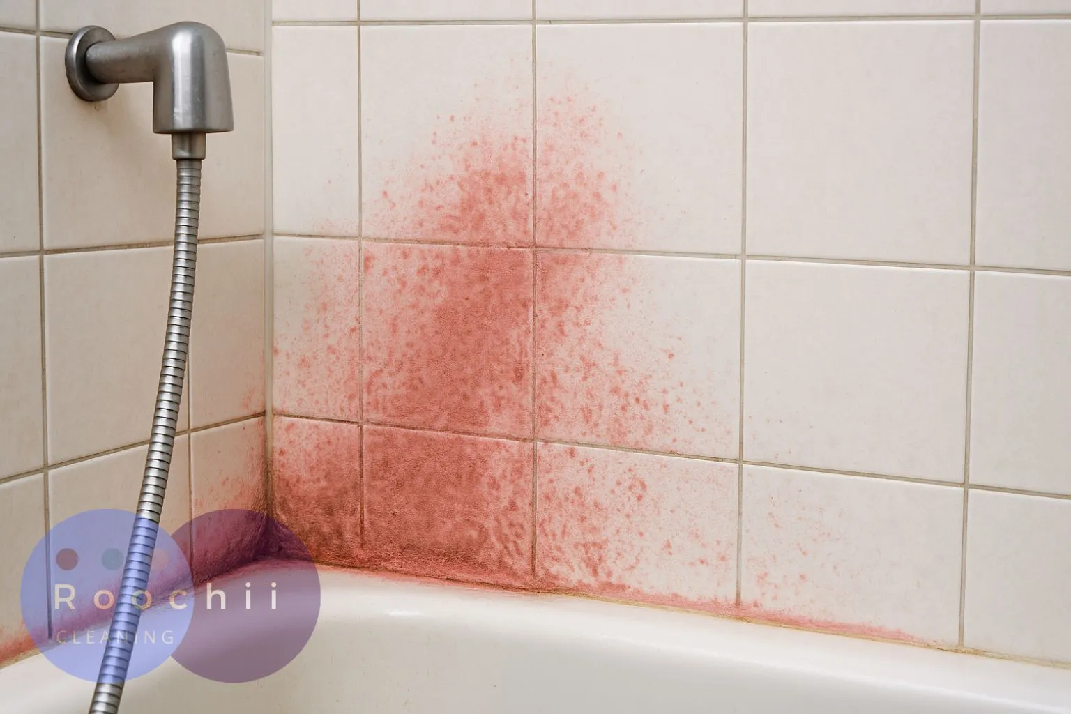 Pink mold on wall tiles above a bathtub in a bathroom