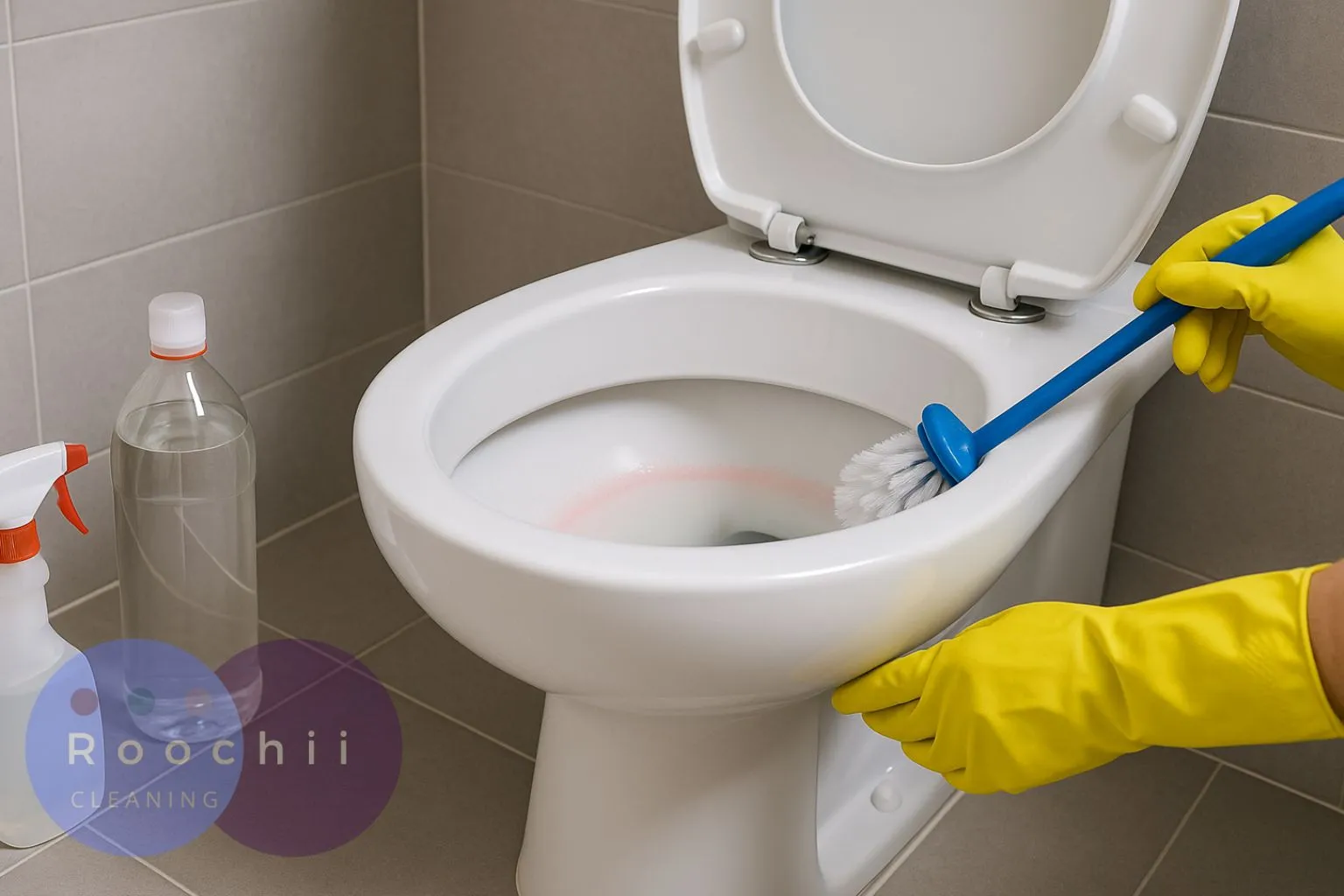 Scrubbing a pink ring in toilet bowl using a brush and gloves for effective stain removal.